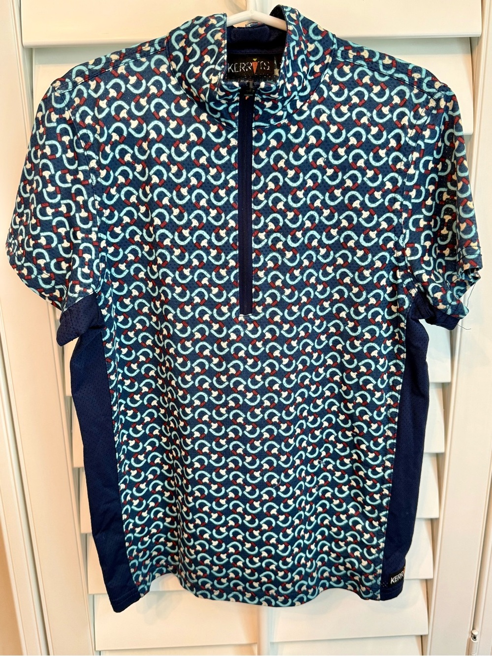 Kerrits Navy Teal Geometric Short Sleeve Equestrian Shirt Youth Small S Girls